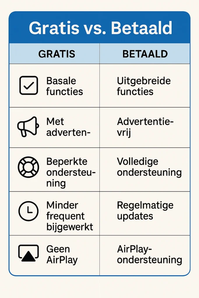 Infographic Gratis vs Betaald IPTV apps iPhone – functies, support en AirPlay