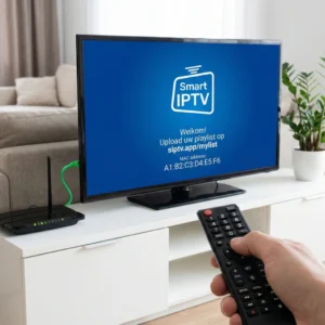 Een overzichtelijke weergave van de Smart IPTV installatie & configuratie op een Smart TV, met focus op het MAC-adres, de afstandsbediening en een stabiele bekabelde internetverbinding.