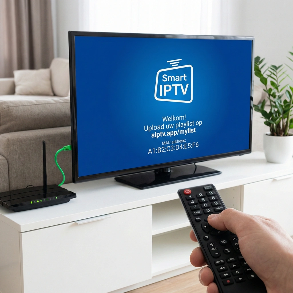 Een overzichtelijke weergave van de Smart IPTV installatie & configuratie op een Smart TV, met focus op het MAC-adres, de afstandsbediening en een stabiele bekabelde internetverbinding.