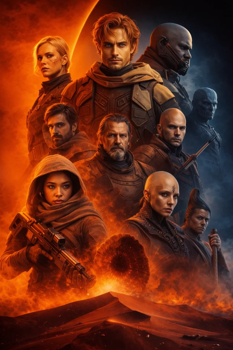 Karakters uit een film met de titel "Dune Deuxième Partie" staan klaar voor actie in een woestenijnsetting met vuur en wapens, perfect voor thema's als IPTV Totaal, IP TV Totaal