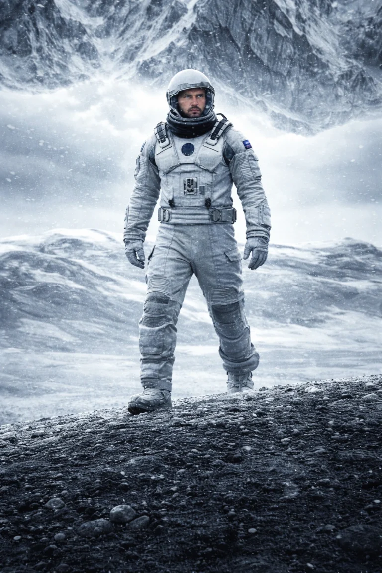 Astronaut in ruimtepak wandelt over een besneeuwde planeet met bergachtig landschap op de achtergrond, relevante zoektermen: IPTV Aanbieders bieden toegang tot sci-fi films als "Interstellar", Beste IPTV om avontuurlijke films te bekijken.