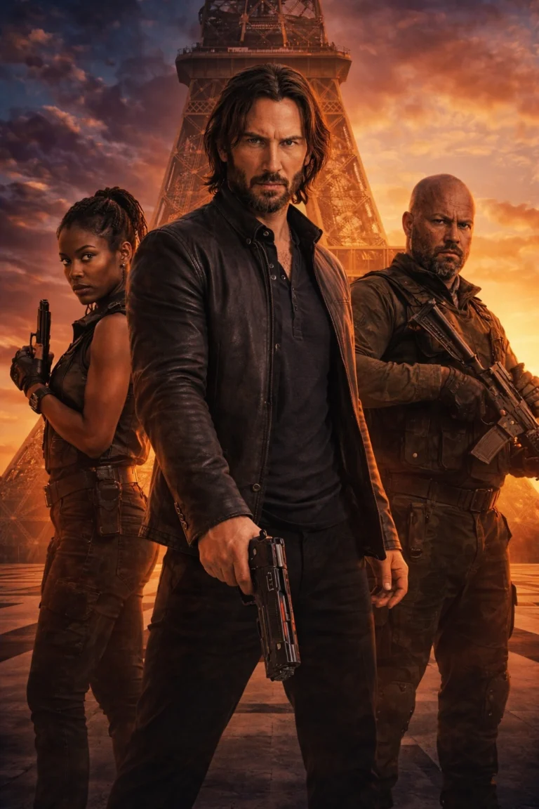 Posterbeeld van de film "John Wick Chapitre 4" met een close-up van de hoofdrolspeler voor de Eiffeltoren in Parijs, relevante zoektermen: IPTV Totaal de nieuwste films en series streamen.
