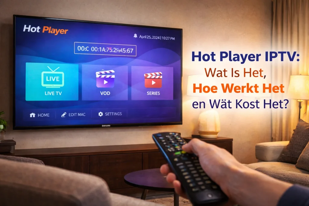 Hot Player IPTV app op Samsung Smart TV met MAC-adres zichtbaar en afstandsbediening in gebruik