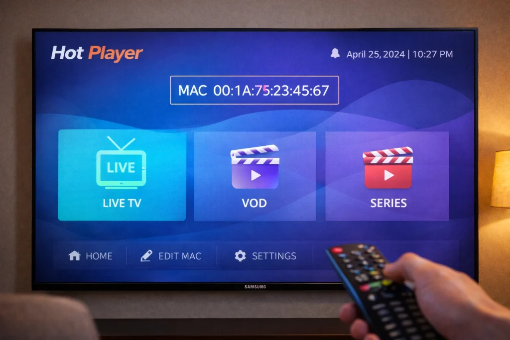 Hot Player IPTV app startscherm op Samsung Smart TV met uniek MAC-adres zichtbaar in het midden van het scherm