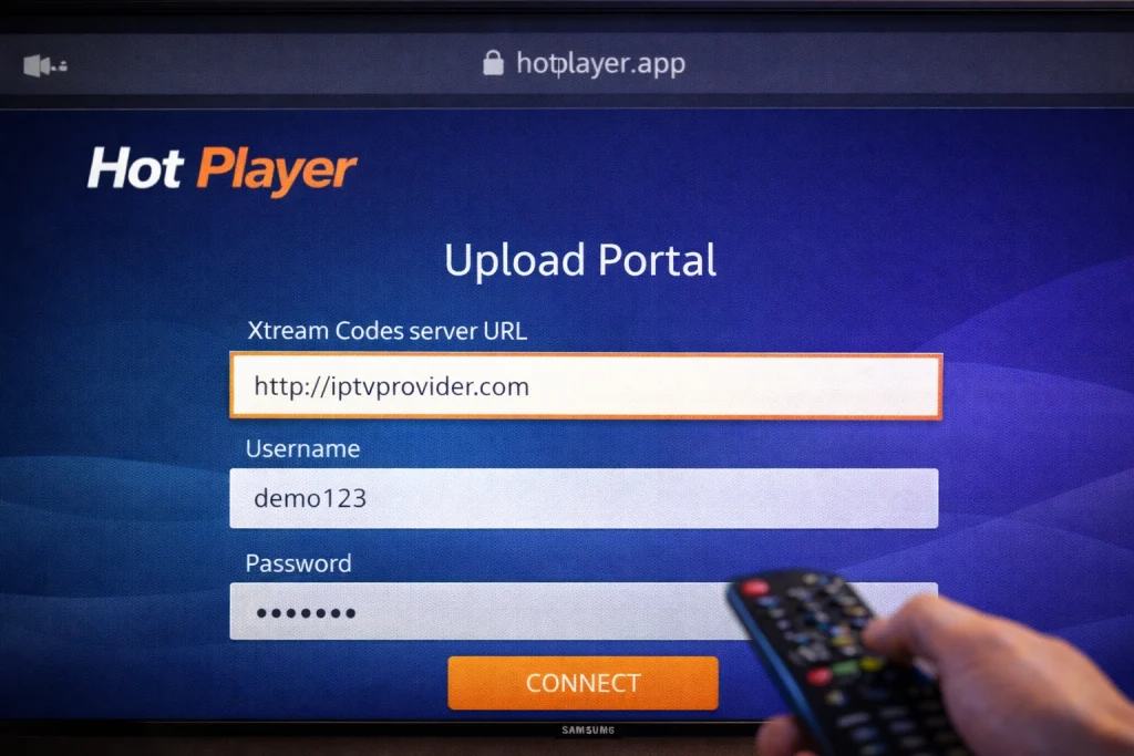 Hot Player upload portaal op hotplayer.app met ingevulde Xtream Codes server URL, gebruikersnaam en wachtwoord velden