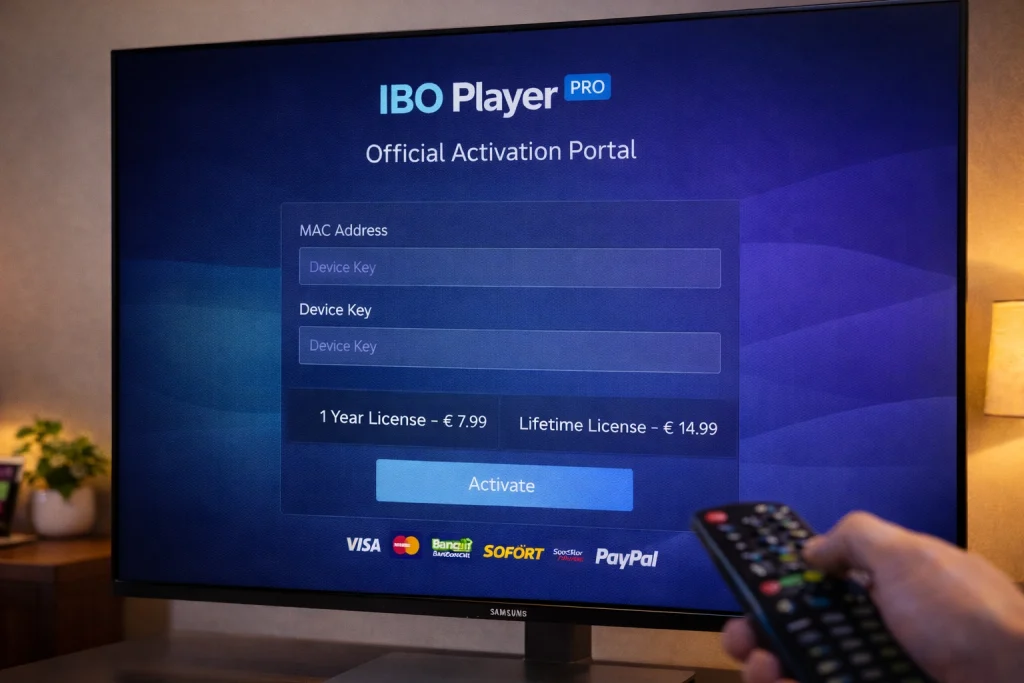 IBO Player Pro officiële activatiepagina met jaarlijkse en levenslange licentieopties en bijbehorende prijzen