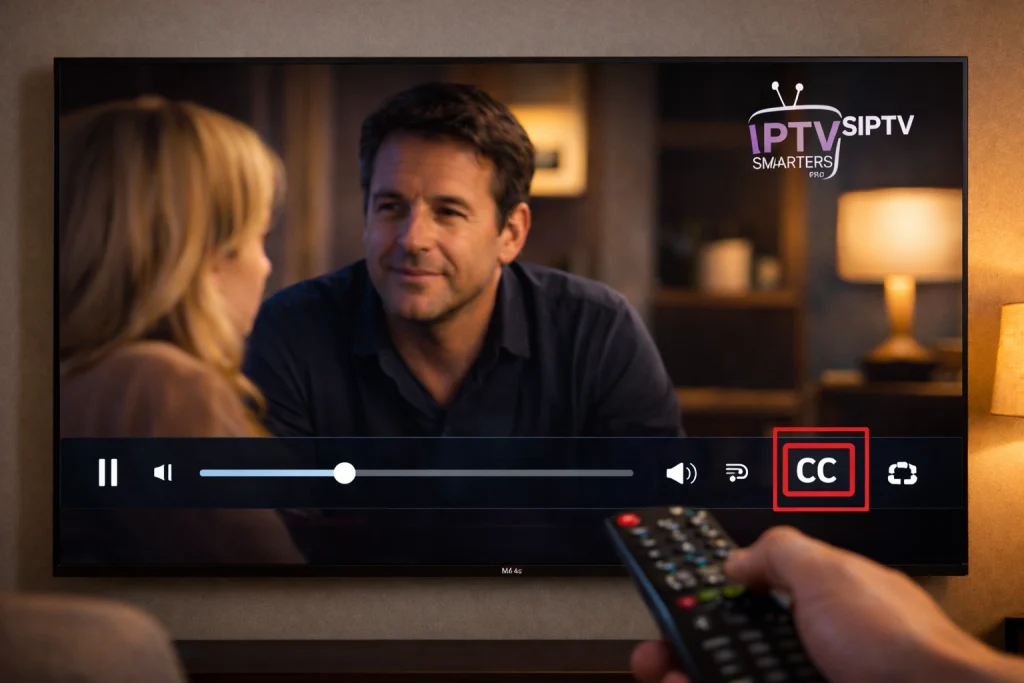 IPTV Smarters Pro bedieningsbalk op LG TV met het CC-ondertitelingicoon gemarkeerd rechts in de balk