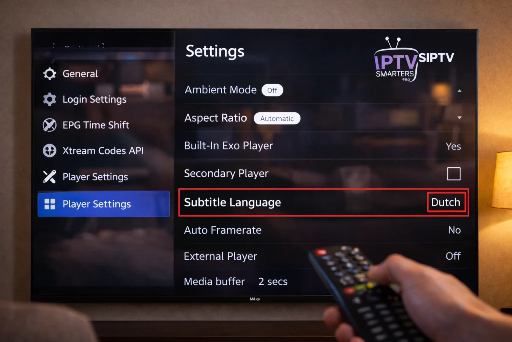 IPTV Smarters Pro instellingenmenu op LG TV met de Subtitle Language optie gemarkeerd onder Player Settings