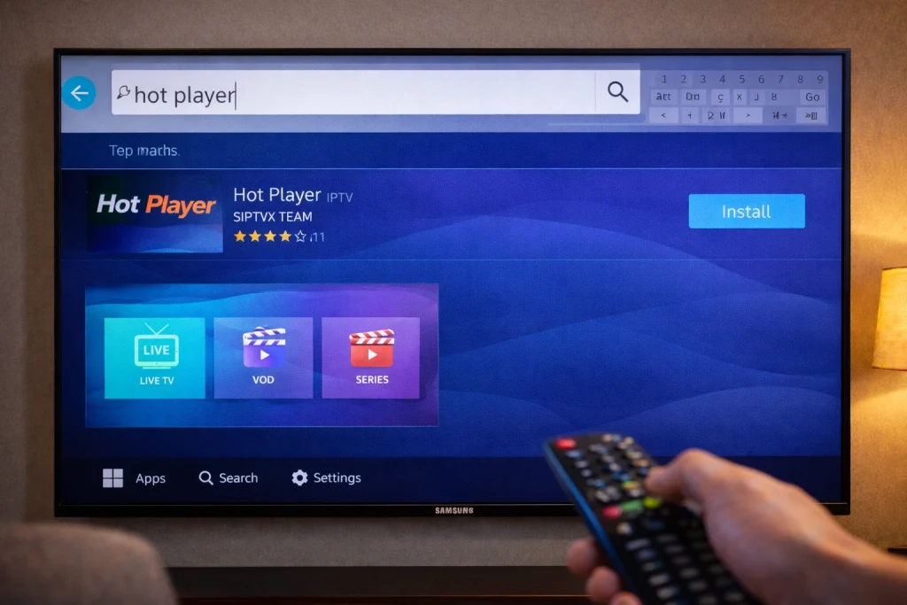 Samsung Smart Hub met zoekresultaat Hot Player IPTV app zichtbaar in de zoekfunctie van de app store