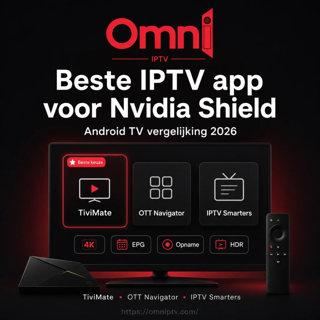 Beste IPTV app voor Nvidia Shield Android TV vergelijken in 2026: TiviMate als beste keuze naast OTT Navigator en IPTV Smarters voor 4K IPTV, EPG, opname en HDR