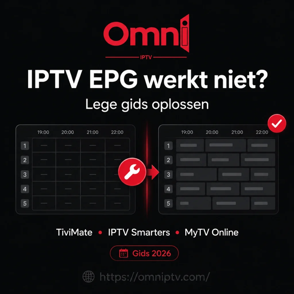 IPTV EPG werkt niet en lege gids oplossen stap voor stap met Omni IPTV, inclusief TiviMate, IPTV Smarters Pro, MyTV Online, XMLTV URL, cache en tijdzone fix