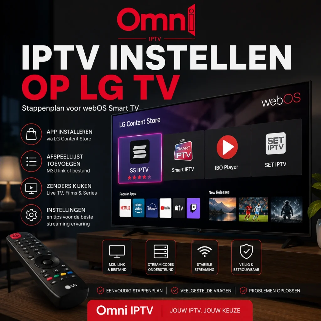 IPTV instellen op LG TV via webOS met SS IPTV, een M3U-afspeellijst, Xtream Codes en stappen voor stabiele streaming.