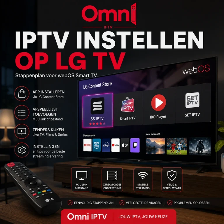 IPTV instellen op LG TV via webOS met SS IPTV, een M3U-afspeellijst, Xtream Codes en stappen voor stabiele streaming.