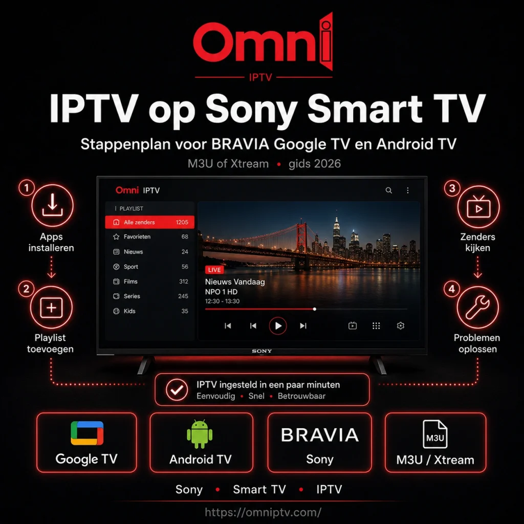 IPTV op Sony Smart TV instellen via BRAVIA Google TV of Android TV met M3U, Xtream en stappen om problemen op te lossen.