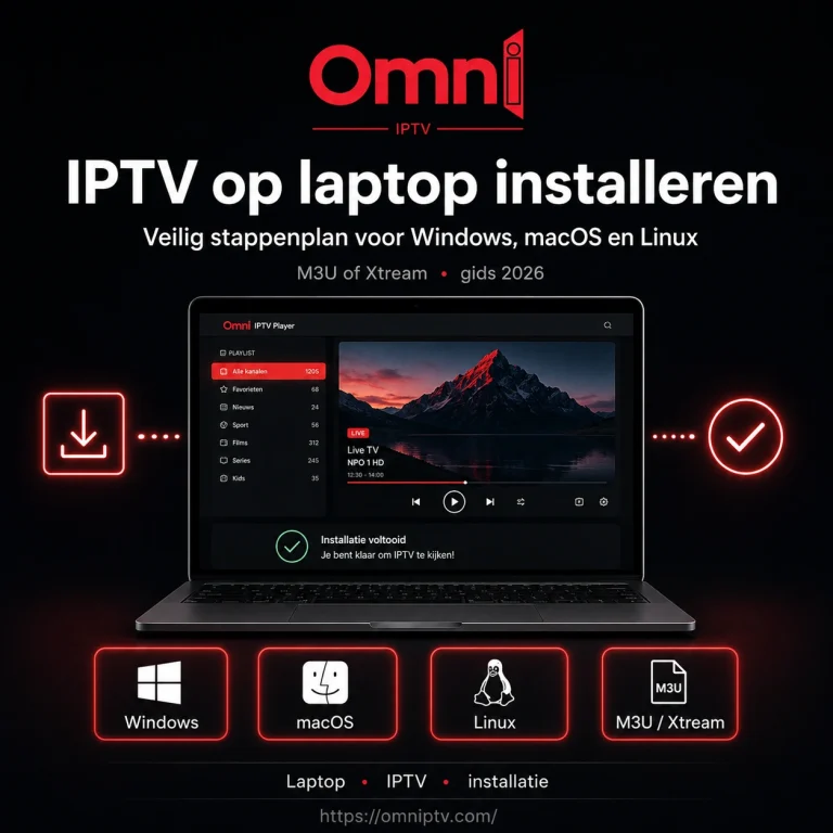 IPTV op laptop installeren met een IPTV-speler op een laptop, geschikt voor Windows, macOS en Linux, met ondersteuning voor M3U en Xtream.