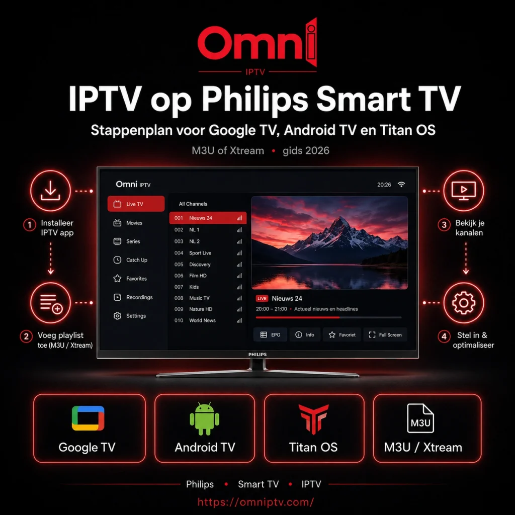 IPTV op Philips Smart TV instellen via Google TV, Android TV of Titan OS met M3U, Xtream en een duidelijk stappenplan.