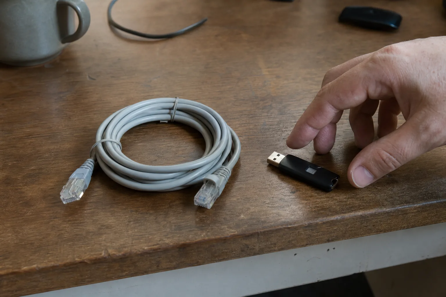 Hand hovering over a USB flash drive beside a coiled Ethernet cable.