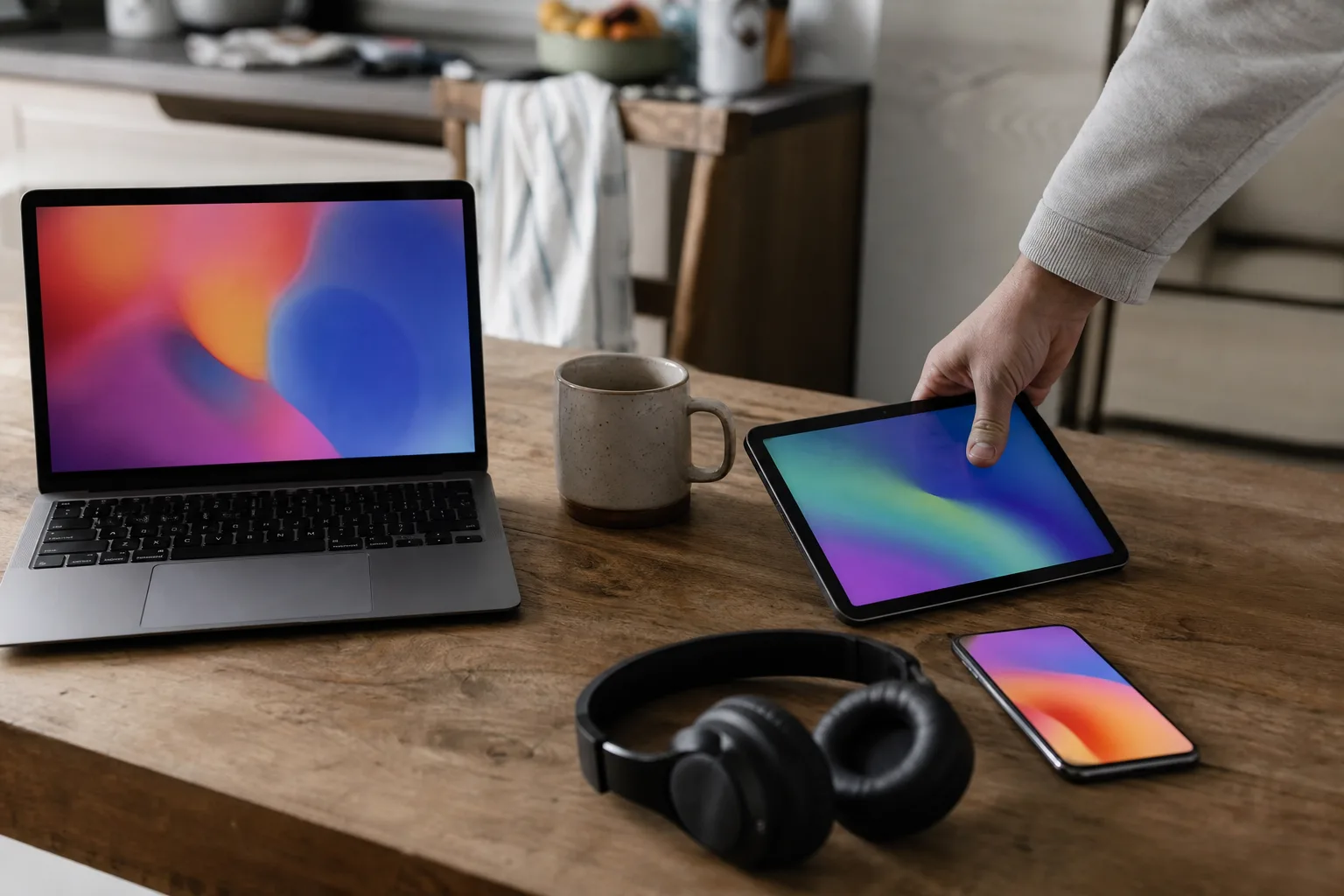 Hand lifting a tablet from a table beside a laptop and smartphone.