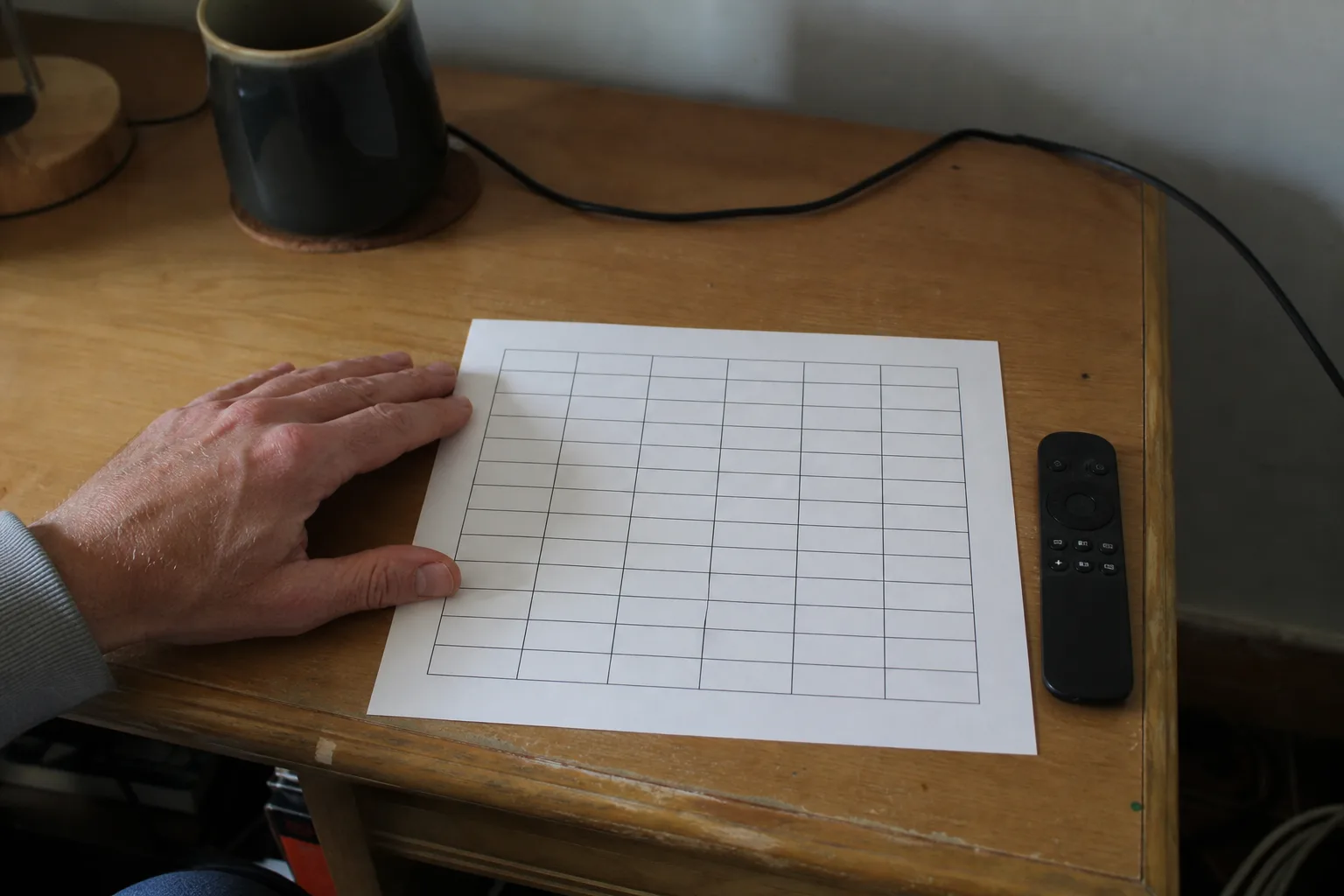 Hand resting on a blank schedule grid beside a small Android TV remote.