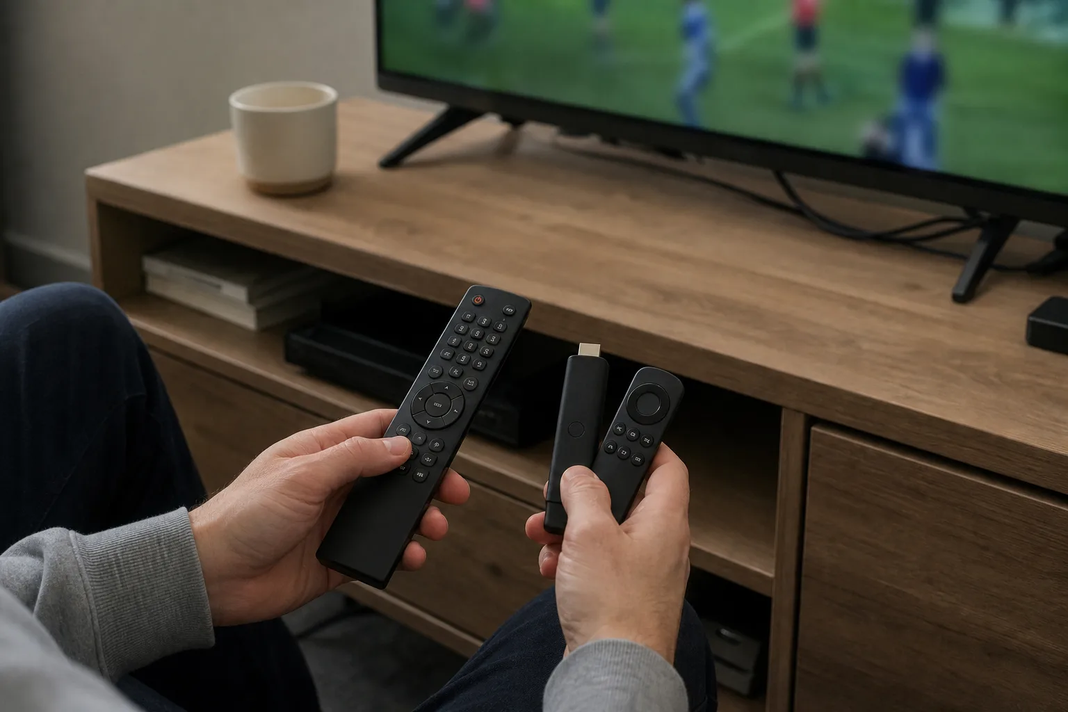 Hands comparing a TV remote and a small streaming stick with its remote.