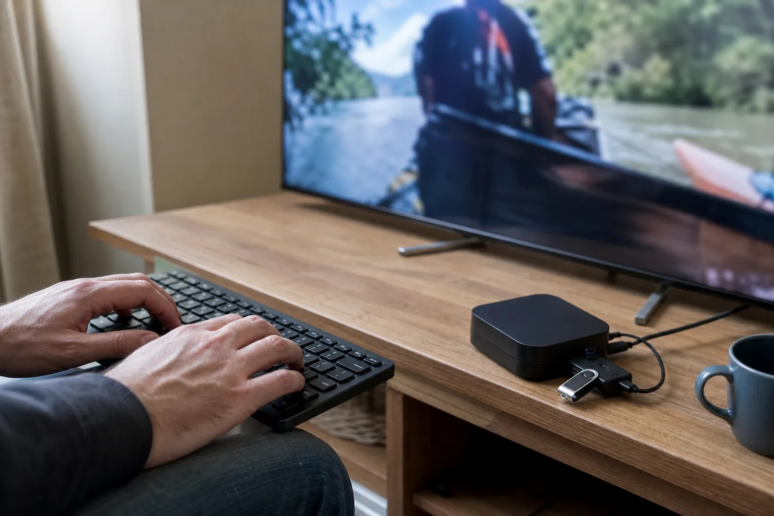 Hands typing on a small keyboard next to a TV box with a USB drive attached.