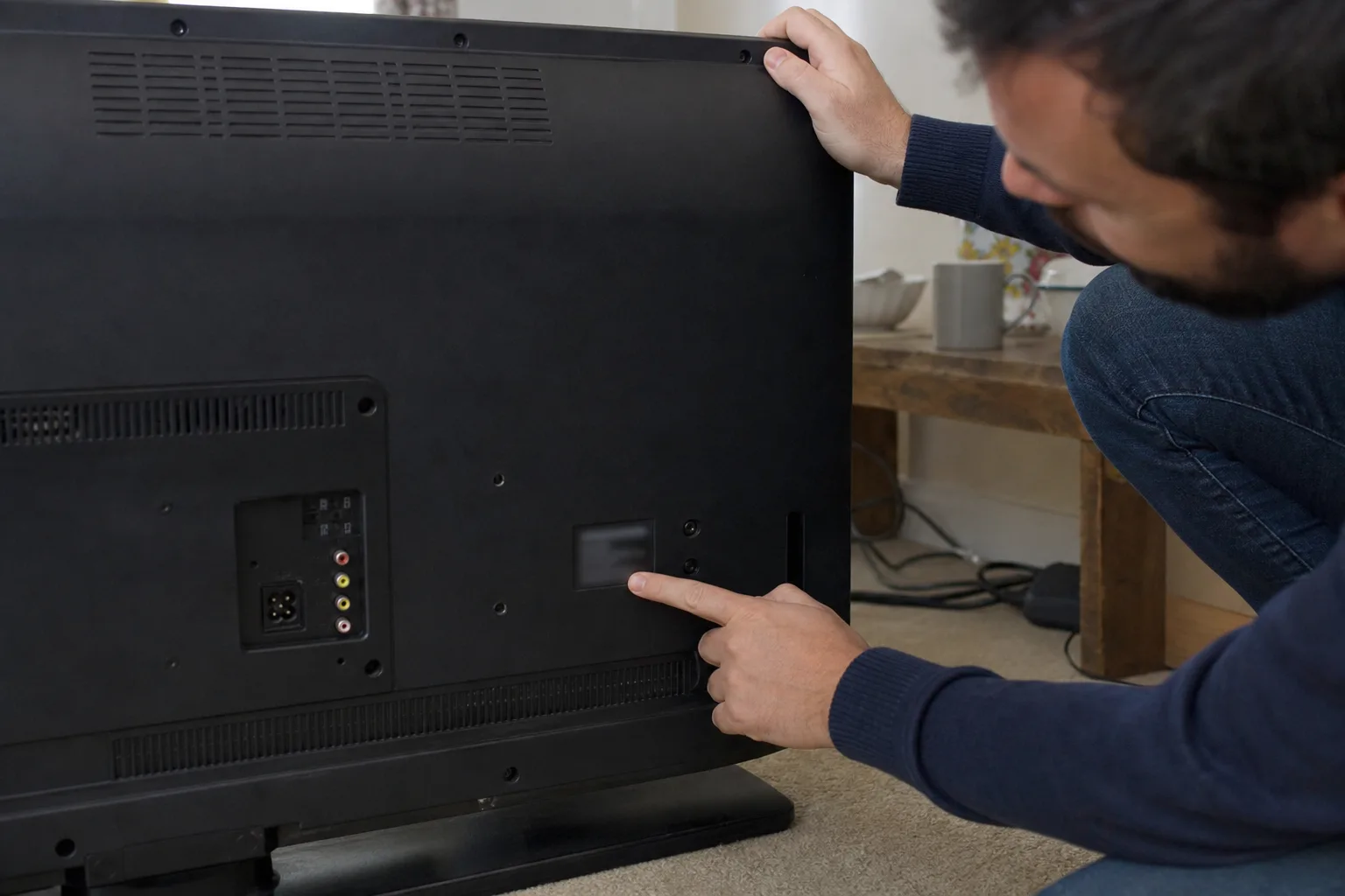 Person pointing to the model label on the back of a TV.