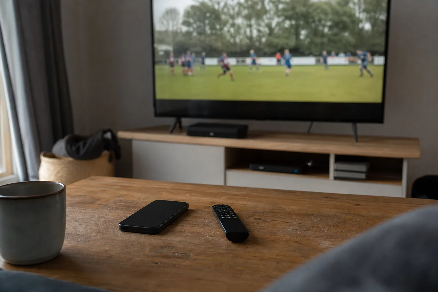 Phone face down on a coffee table while a TV plays and a streaming box sits under the screen.