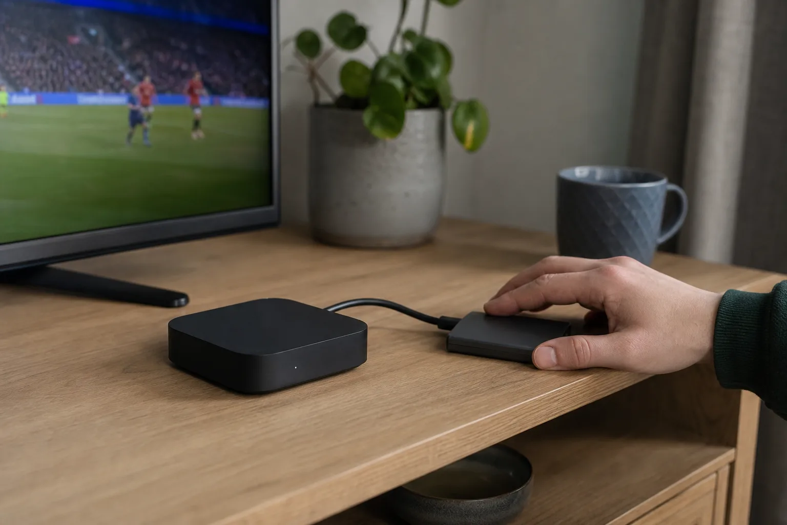 Portable SSD connected to a small TV box on a cabinet, hand resting on the drive.