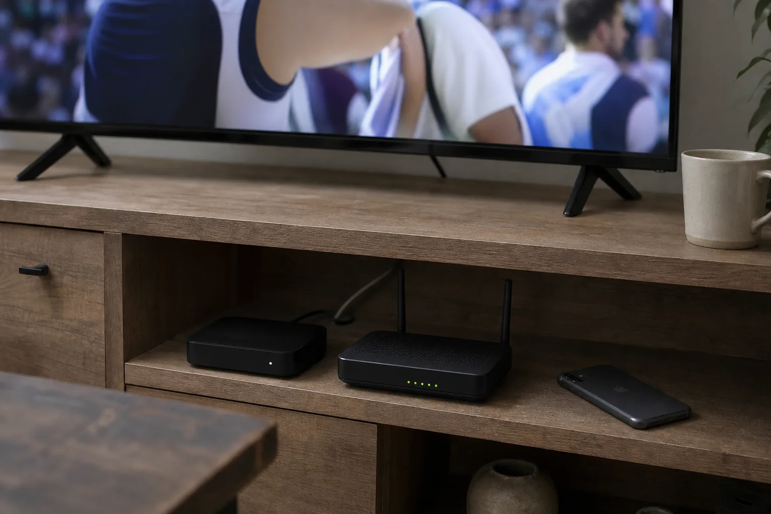 Set-top box and Wi‑Fi router placed together on a TV stand, TV playing softly in the background.